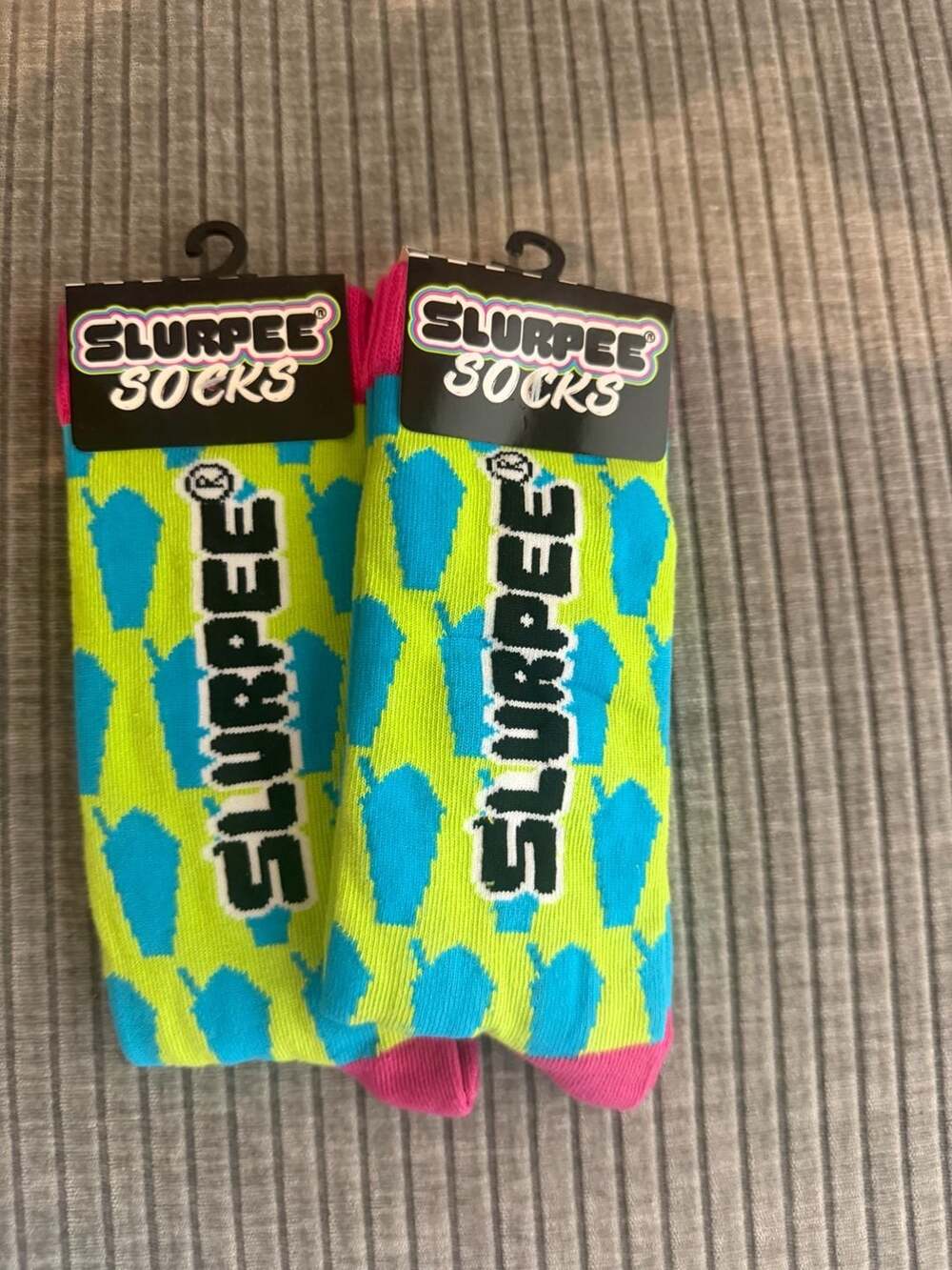 7-Eleven Slurpee Crew Socks Neon Green and Blue Pattern